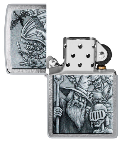 Zippo Mystical Beings Design Brushed Chrome Windproof Lighter with its lid open and unlit.