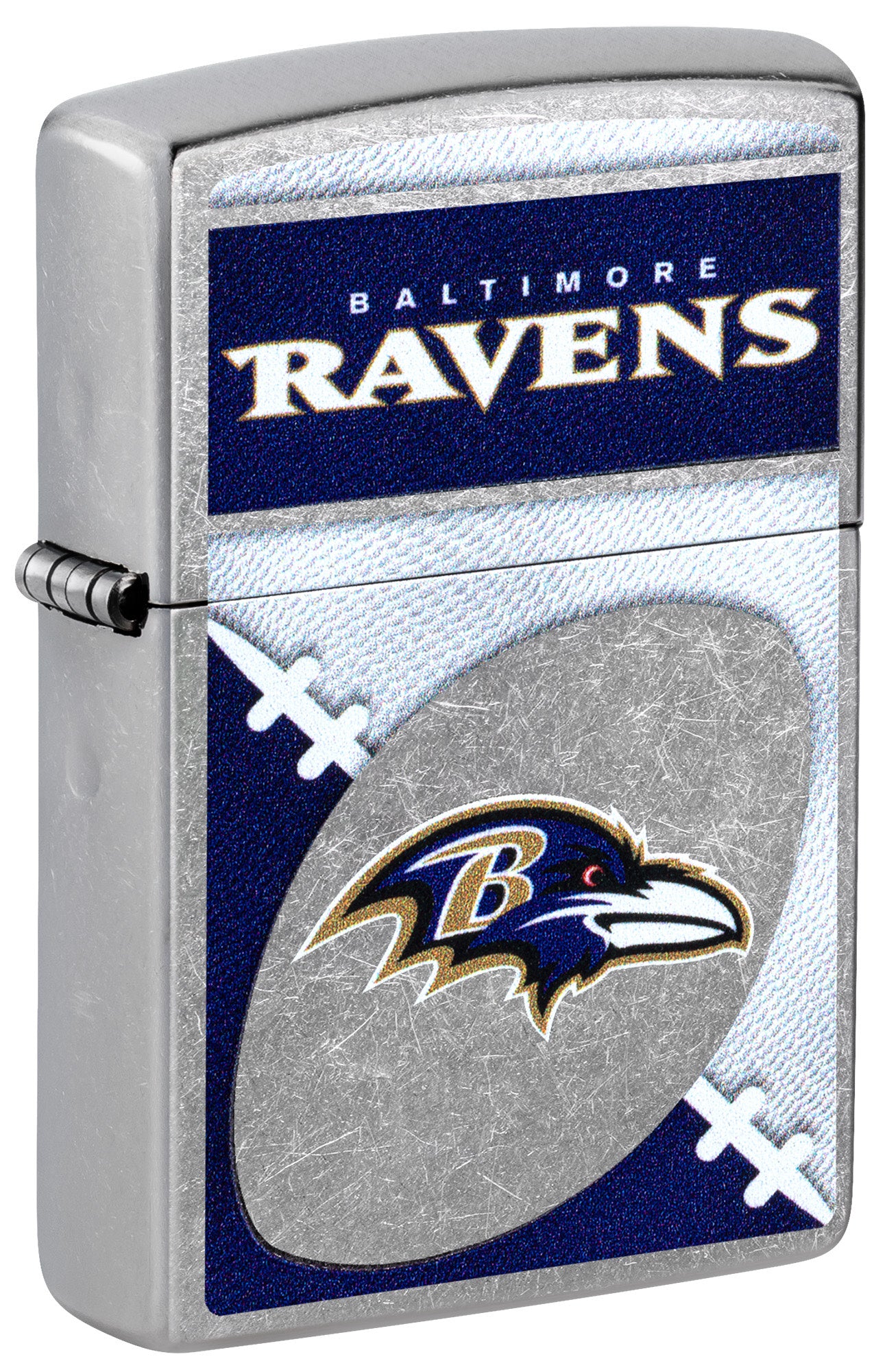 Front shot of Zippo NFL Baltimore Ravens Street Chrome Windproof Lighter standing at a 3/4 angle.