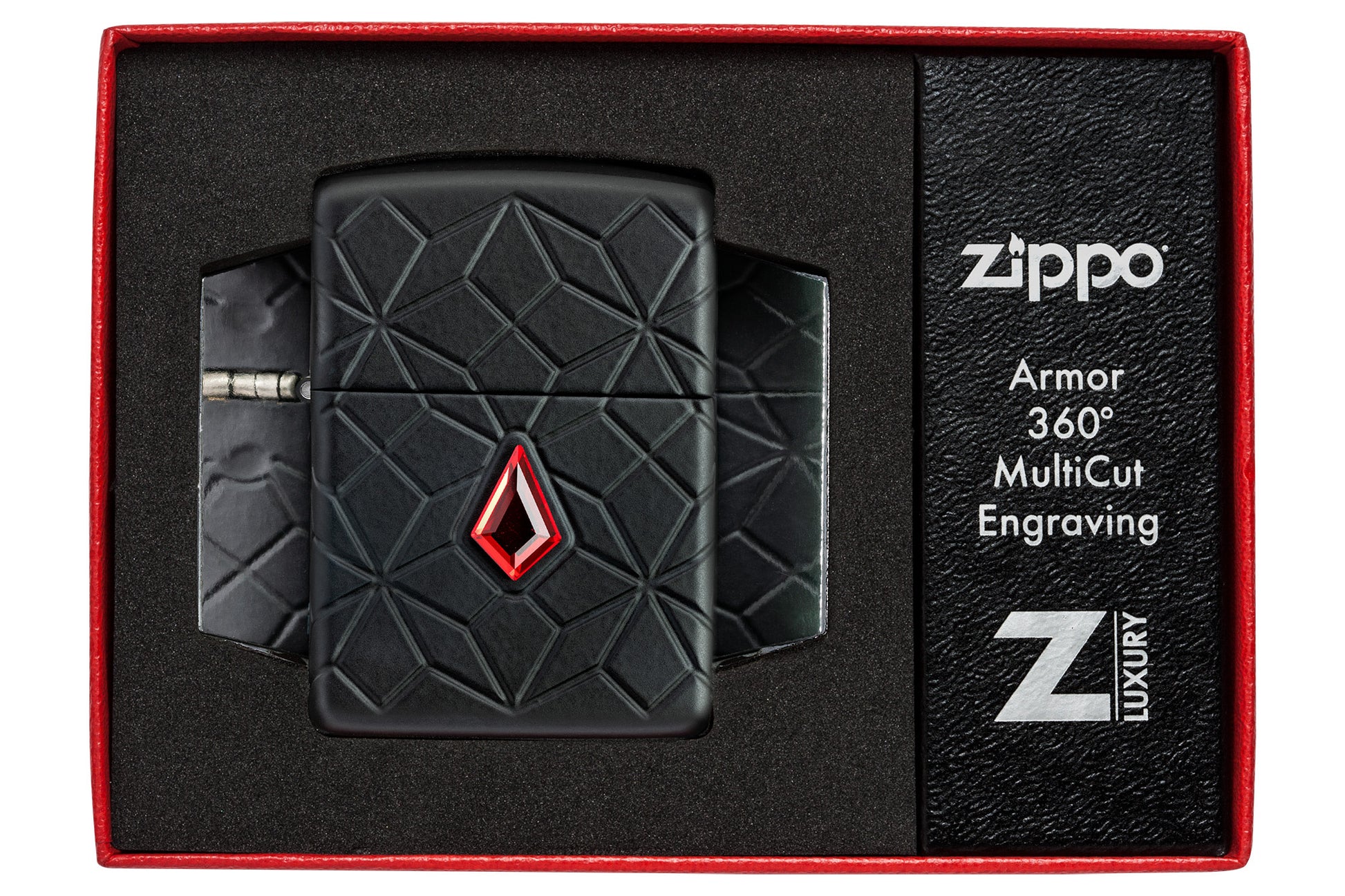 Zippo Crystal Design Armor® Black Matte Windproof Lighter in its packaging.