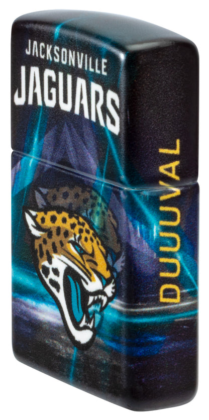 Angled shot of Zippo NFL Jacksonville Jaguars 540 Matte Windproof Lighter showing the front and right sides of the lighter.