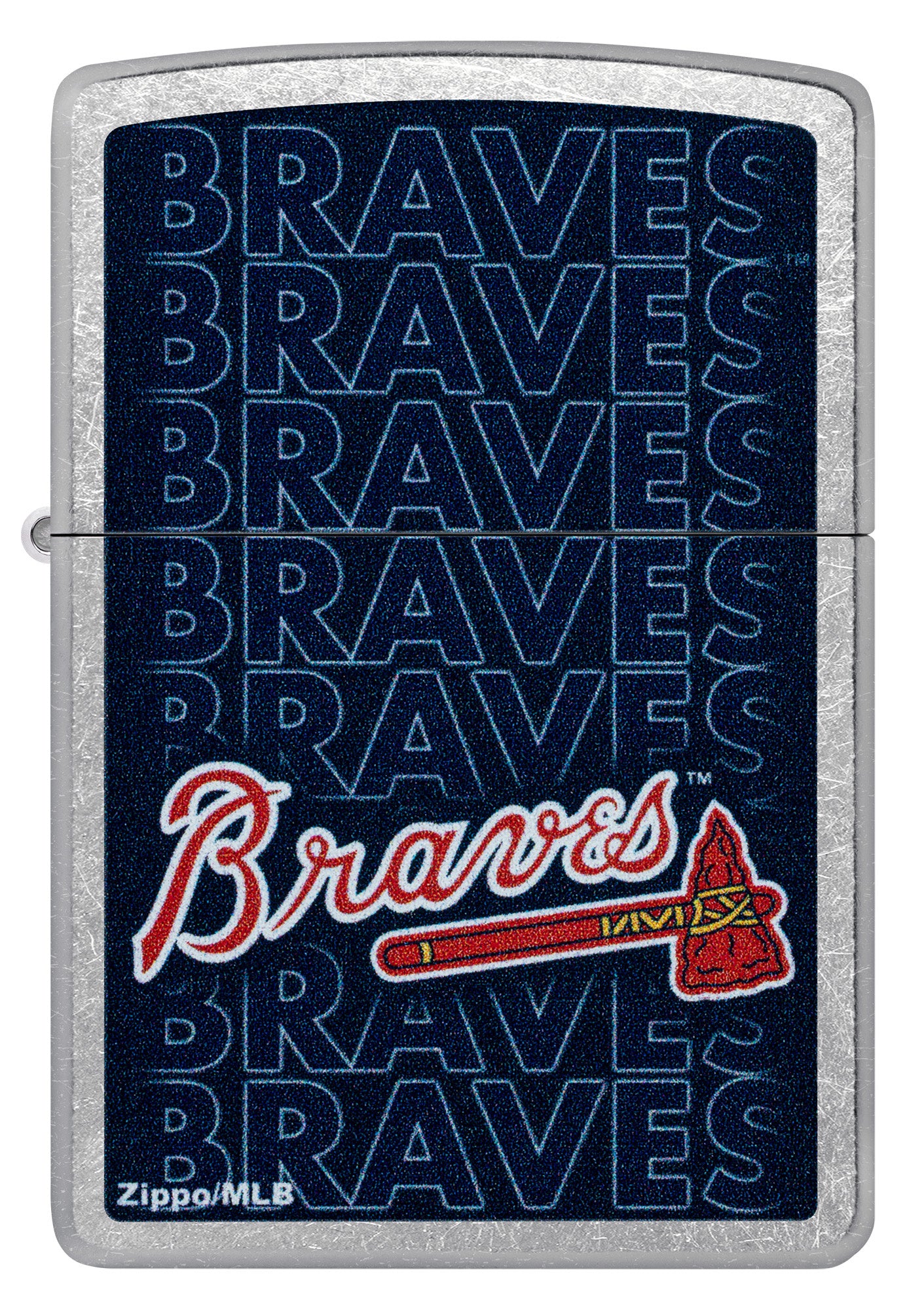 Front view of Zippo MLB® Atlanta Braves Street Chrome Windproof Lighter.