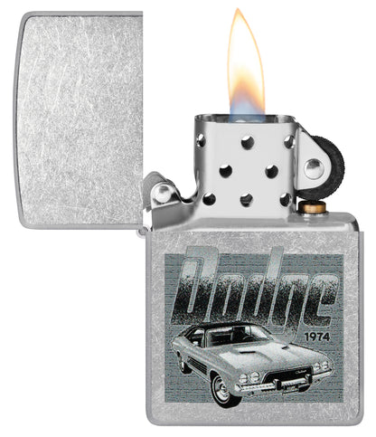 Zippo Dodge Challenger Design Street Chrome Windproof Lighter with its lid open and lit.