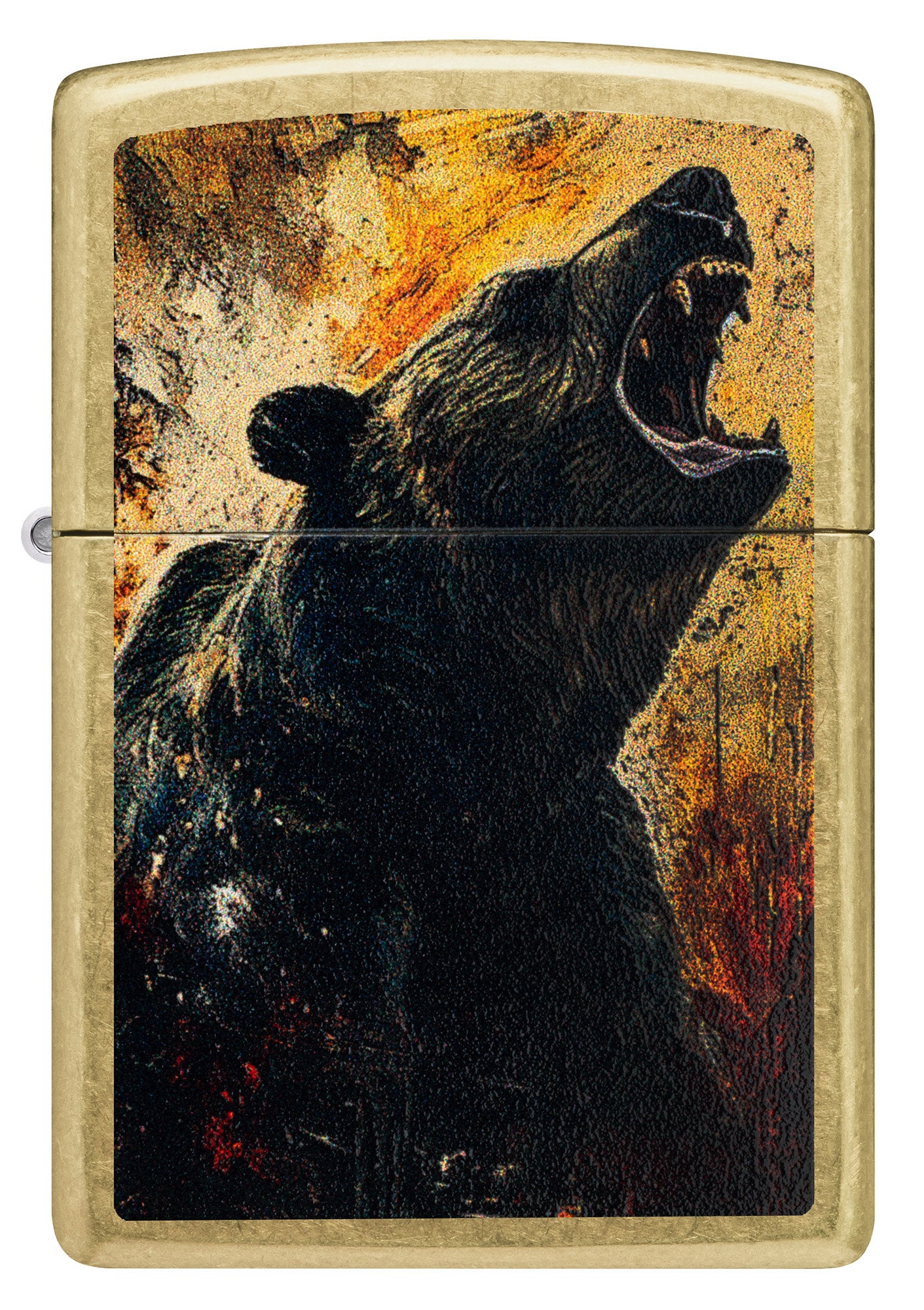 Front view of Zippo Grizzly Roar Design Street Brass Windproof Lighter.