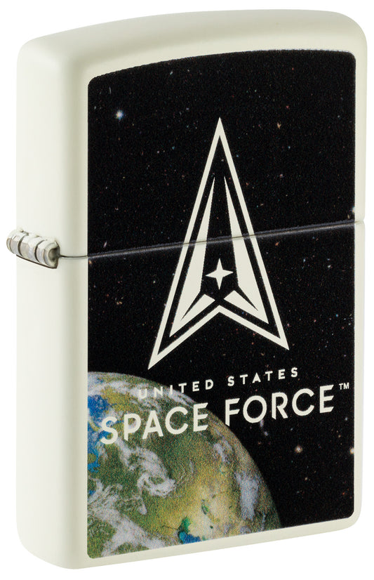 Front shot of Zippo U.S. Space Force™ Glow in the Dark Windproof Lighter standing at a 3/4 angle.