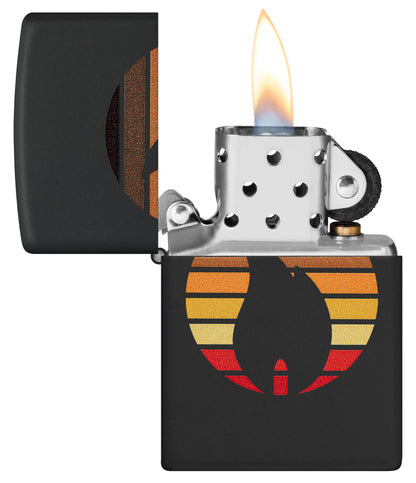 Zippo Colorblock Zippo Design Black Matte Windproof Lighter with its lid open and lit.