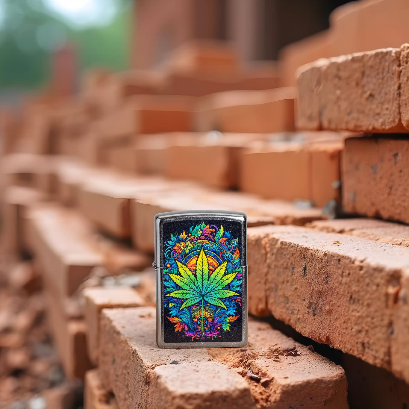 Lifestyle image of Zippo Captivating Cannabis Design Street Chrome Windproof Lighter standing on a stack of bricks.