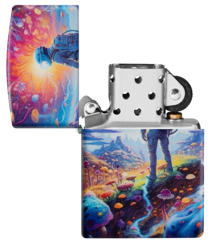 Zippo Mushroom Forest Design 540 Matte Windproof Lighter with its lid open and unlit.