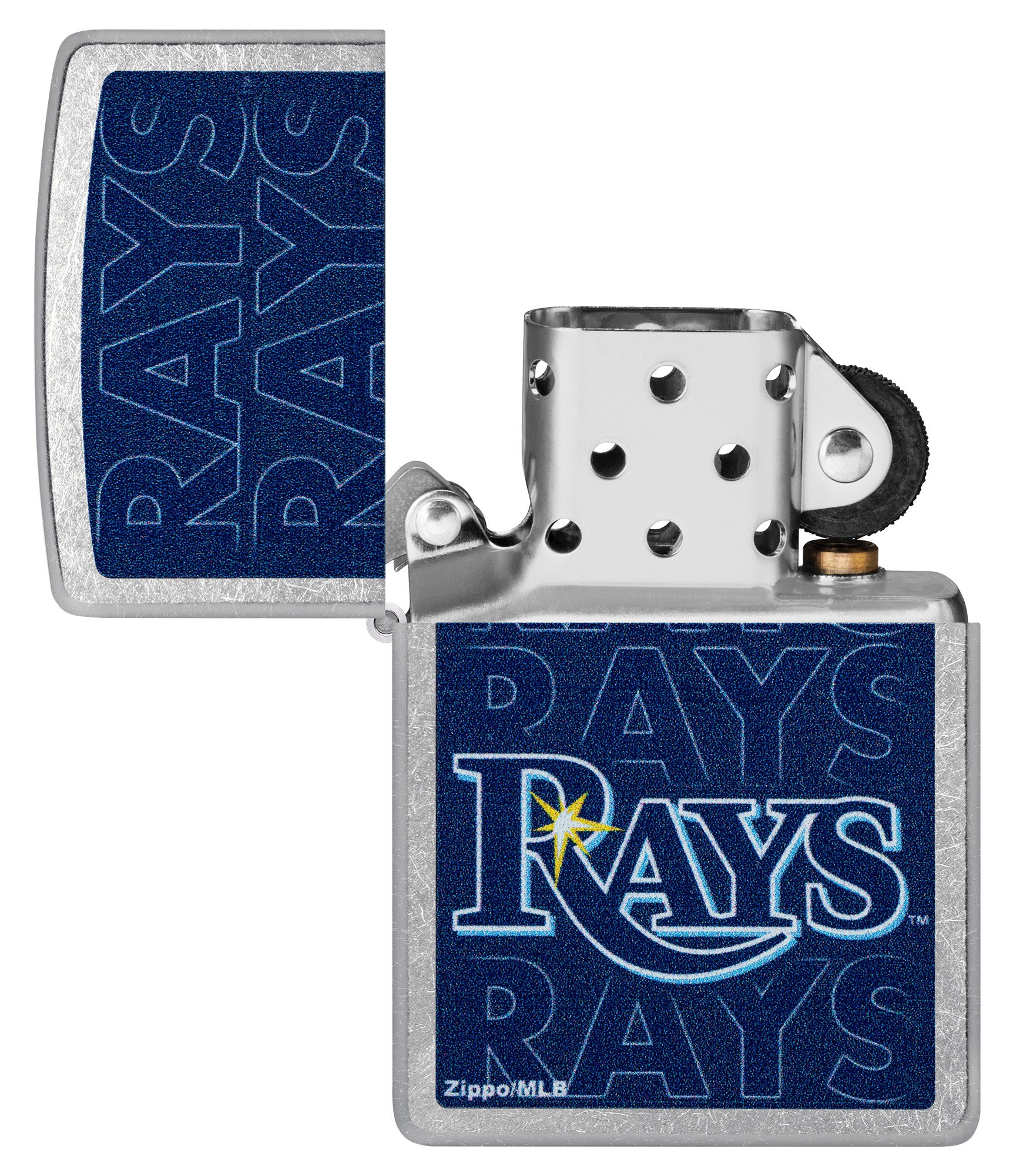 Zippo MLB® Tampa Bay Rays Street Chrome Windproof Lighter with its lid open and unlit.