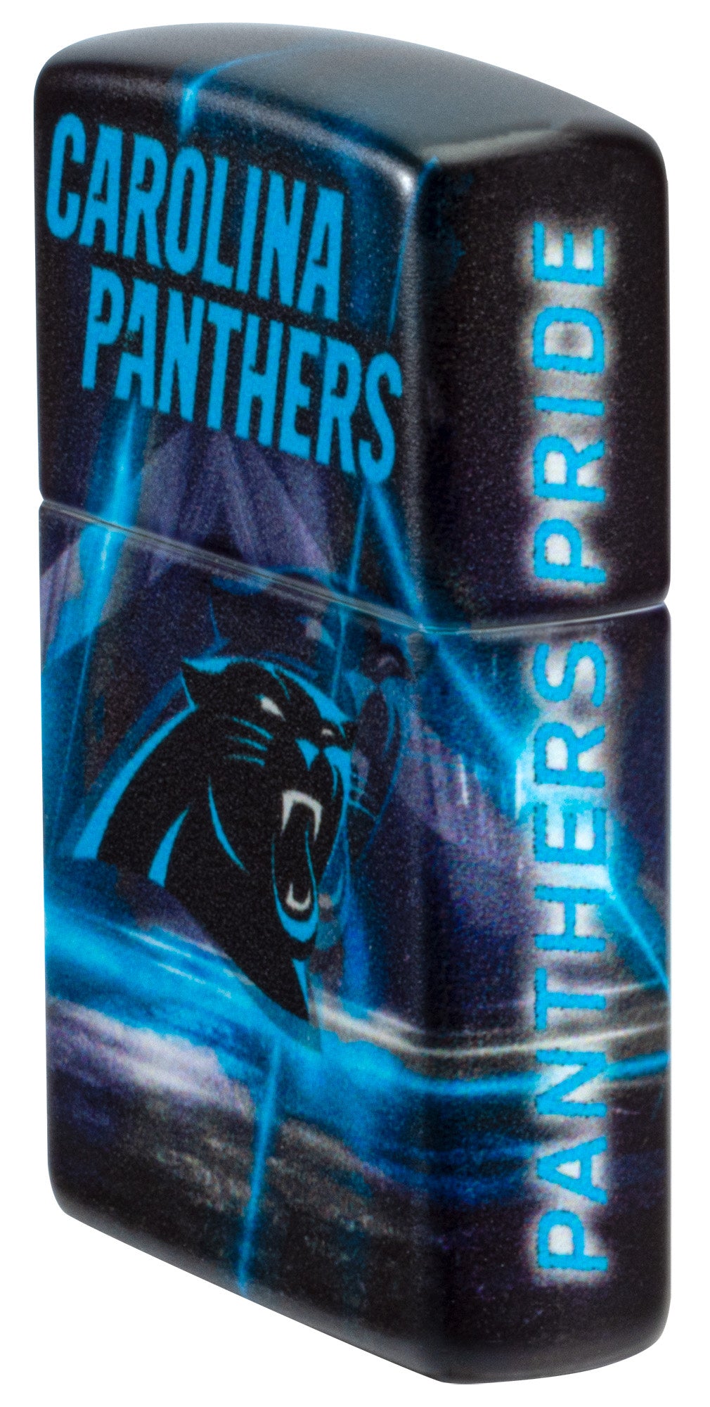 Angled shot of Zippo NFL Carolina Panthers 540 Matte Windproof Lighter showing the front and right sides of the lighter.