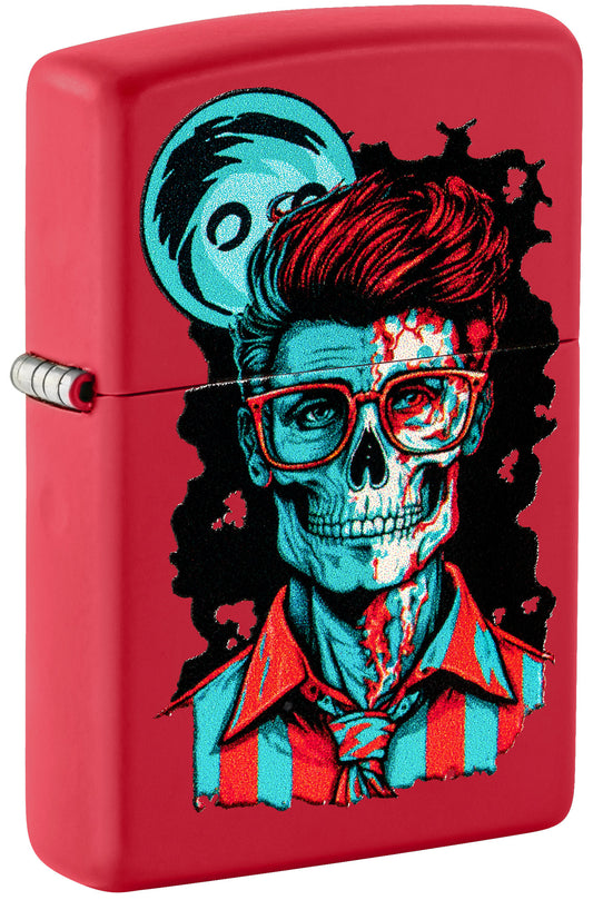 Front shot of Zippo Dapper Skeleton Design Red Matte Windproof Lighter standing at a 3/4 angle.