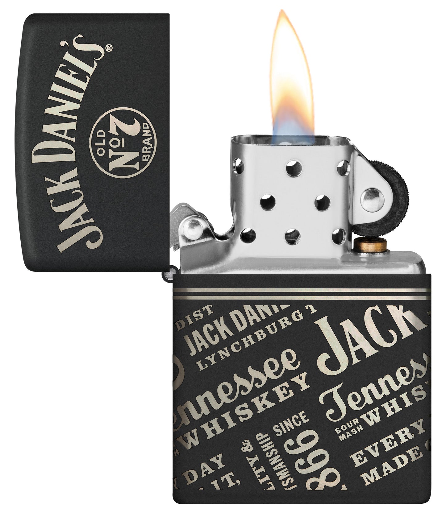 Zippo Jack Daniel's® Every Drop Design Regular Media Chrome Black Matte Windproof Lighter with its lid open and lit.