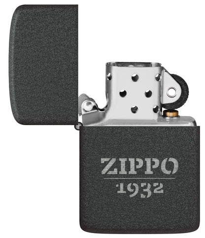 Zippo Design 1941 Replica Black Crackle® Windproof Lighter with its lid open and unlit.