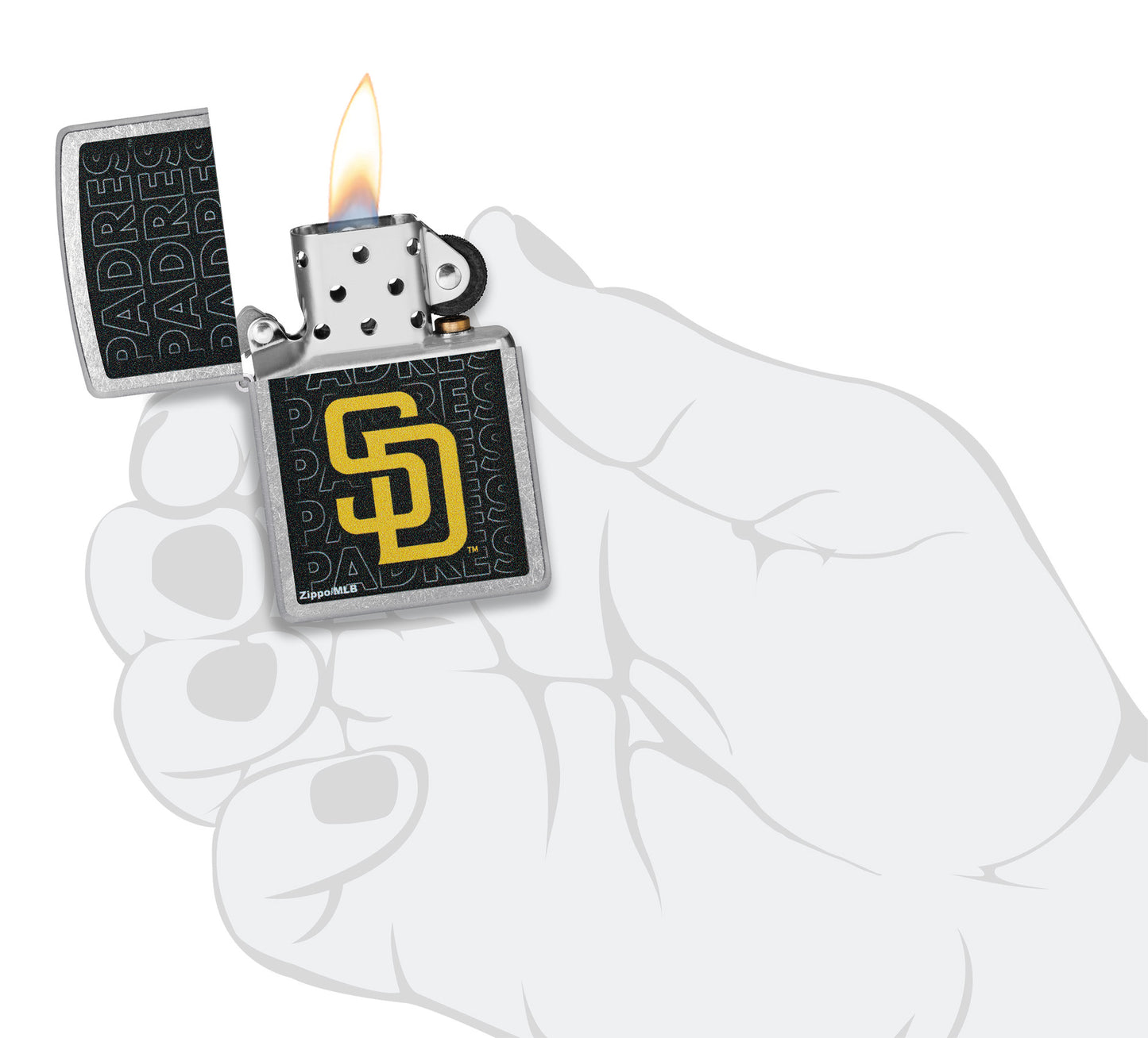 Zippo MLB® San Diego Padres Street Chrome Windproof Lighter lit in hand.