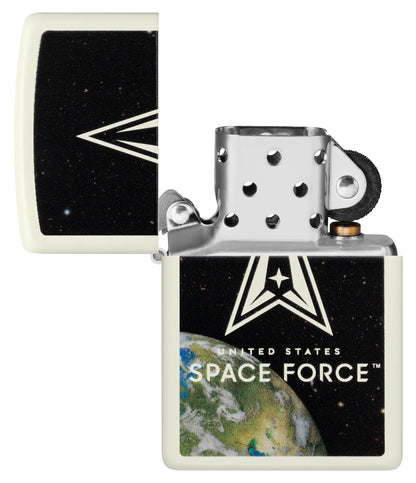 Zippo U.S. Space Force™ Glow in the Dark Windproof Lighter with its lid open and unlit.