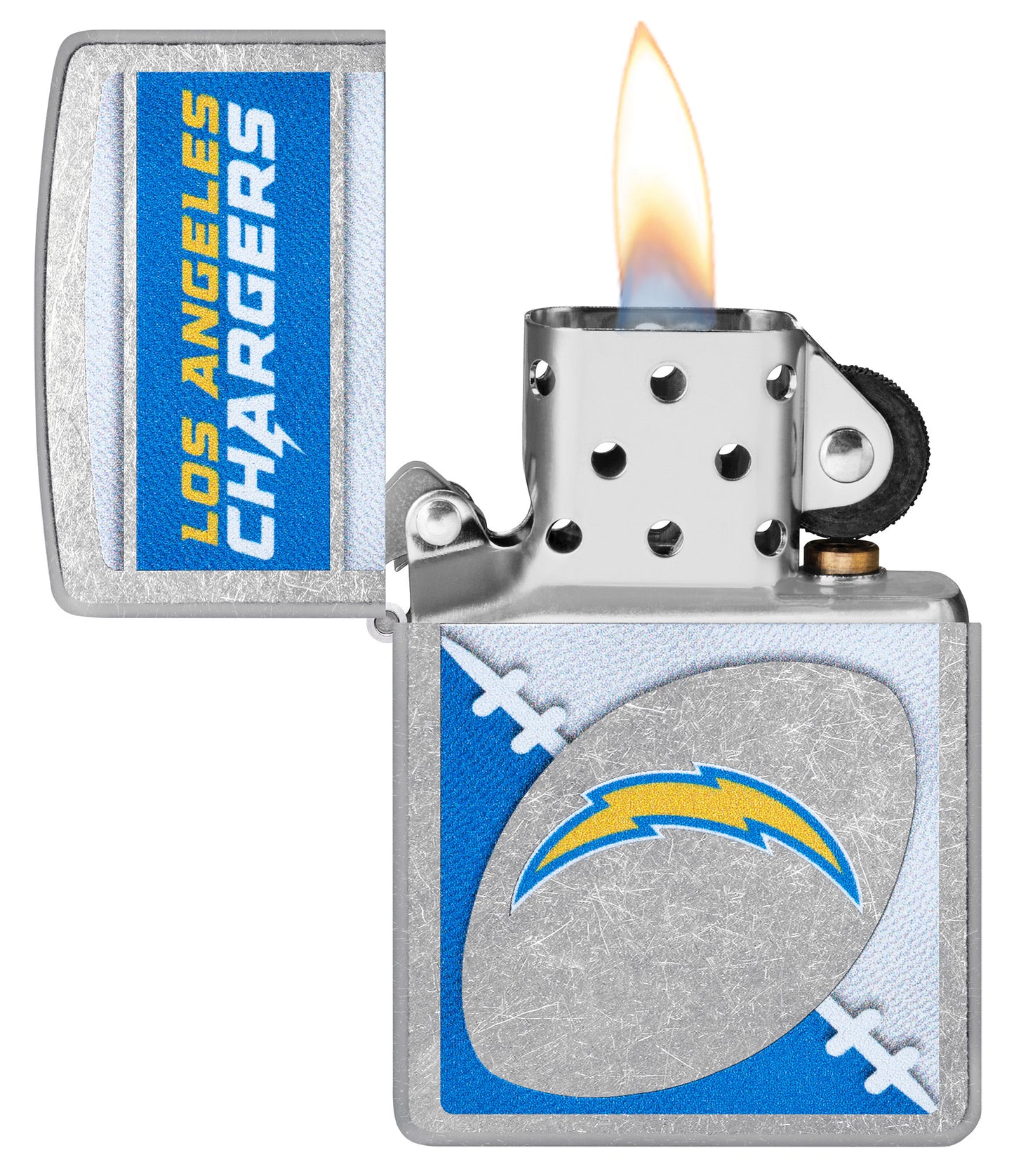 Zippo NFL Los Angeles Chargers Street Chrome Windproof Lighter with its lid open and lit.