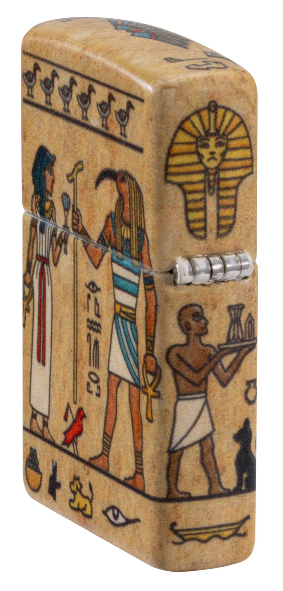 Angled shot of Zippo Ancient Glyphs Design White 540 Matte Windproof Lighter showing the back and hinge side of the lighter.



