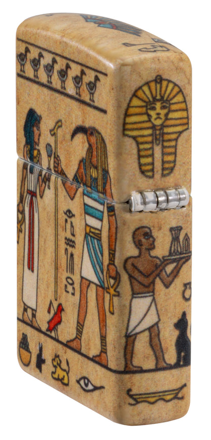 Angled shot of Zippo Ancient Glyphs Design White 540 Matte Windproof Lighter showing the back and hinge side of the lighter.



