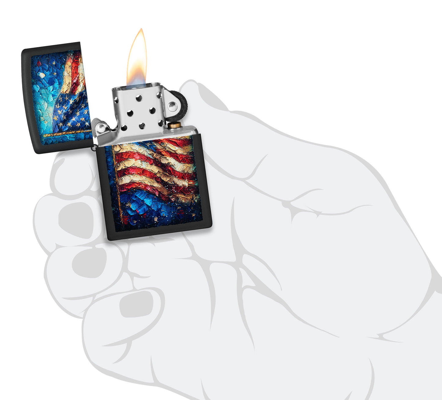 Zippo Painted Flag Design Black Matte Windproof Lighter lit in hand.