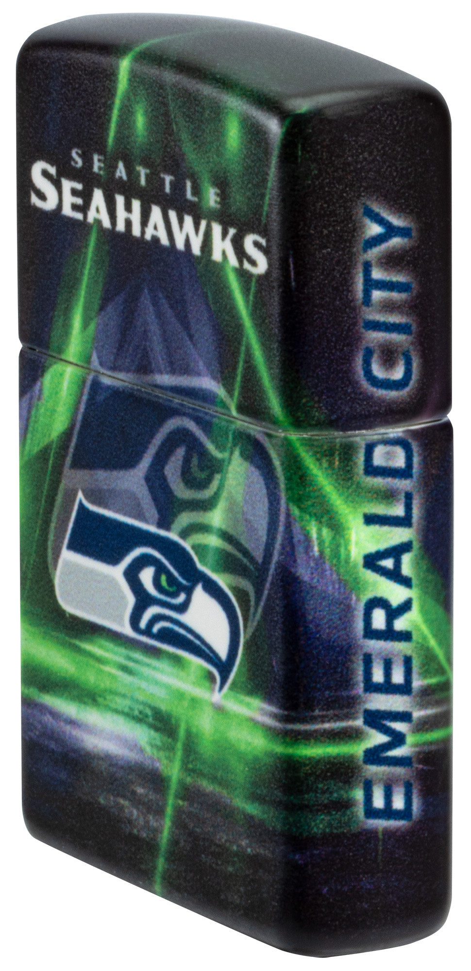 Angled shot of Zippo NFL Seattle Seahawks 540 Matte Windproof Lighter showing the front and right sides of the lighter.