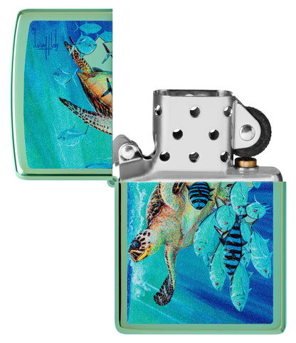 Zippo Guy Harvey Hawksbill Caravan High Polish Green Windproof Lighter with its lid open and unlit.