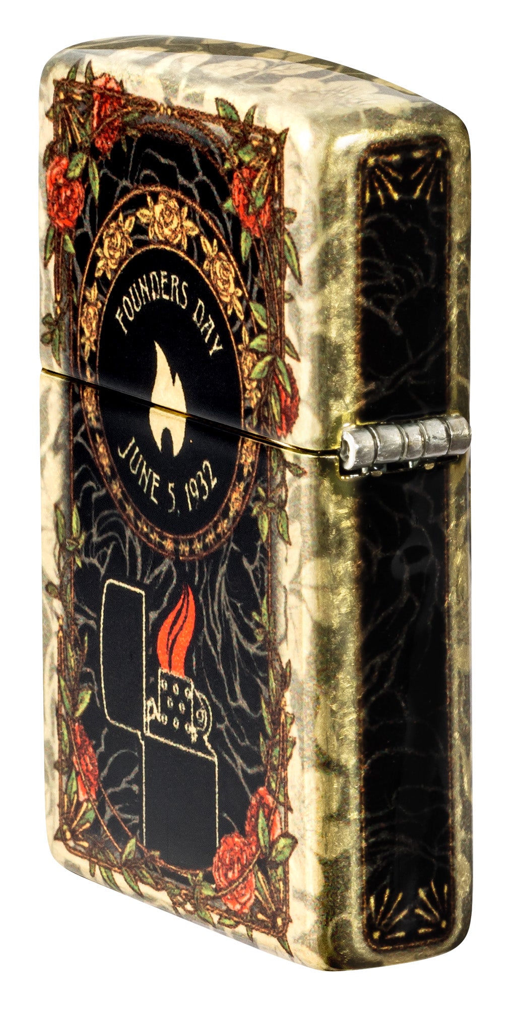 Angled shot of Zippo 2025 Founder's Day Collectible 540 Tumbled Brass Windproof Lighter showing the back and hinge sides of the lighter.