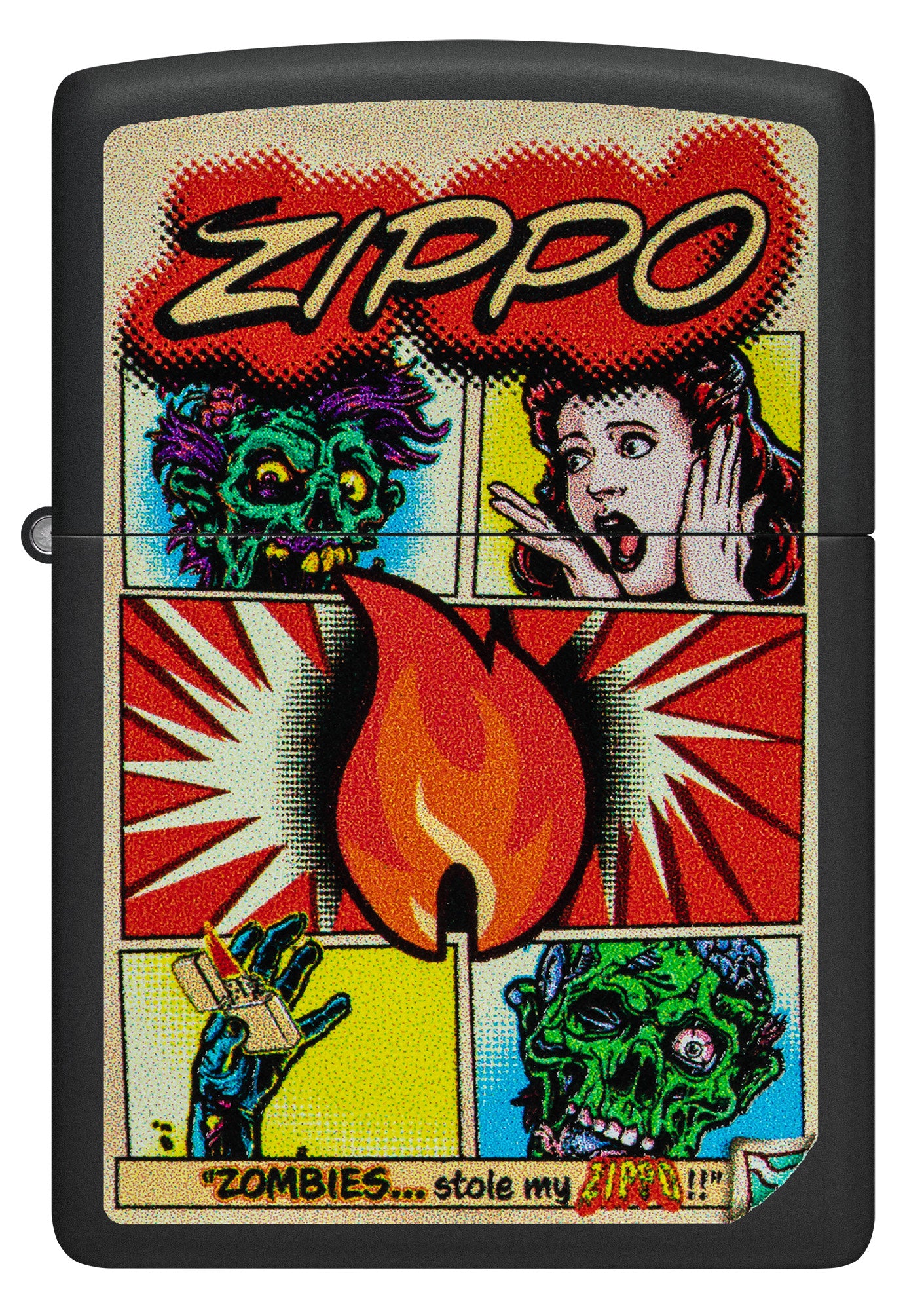 Front view of Zippo Comic Zombies Design Black Matte Windproof Lighter.