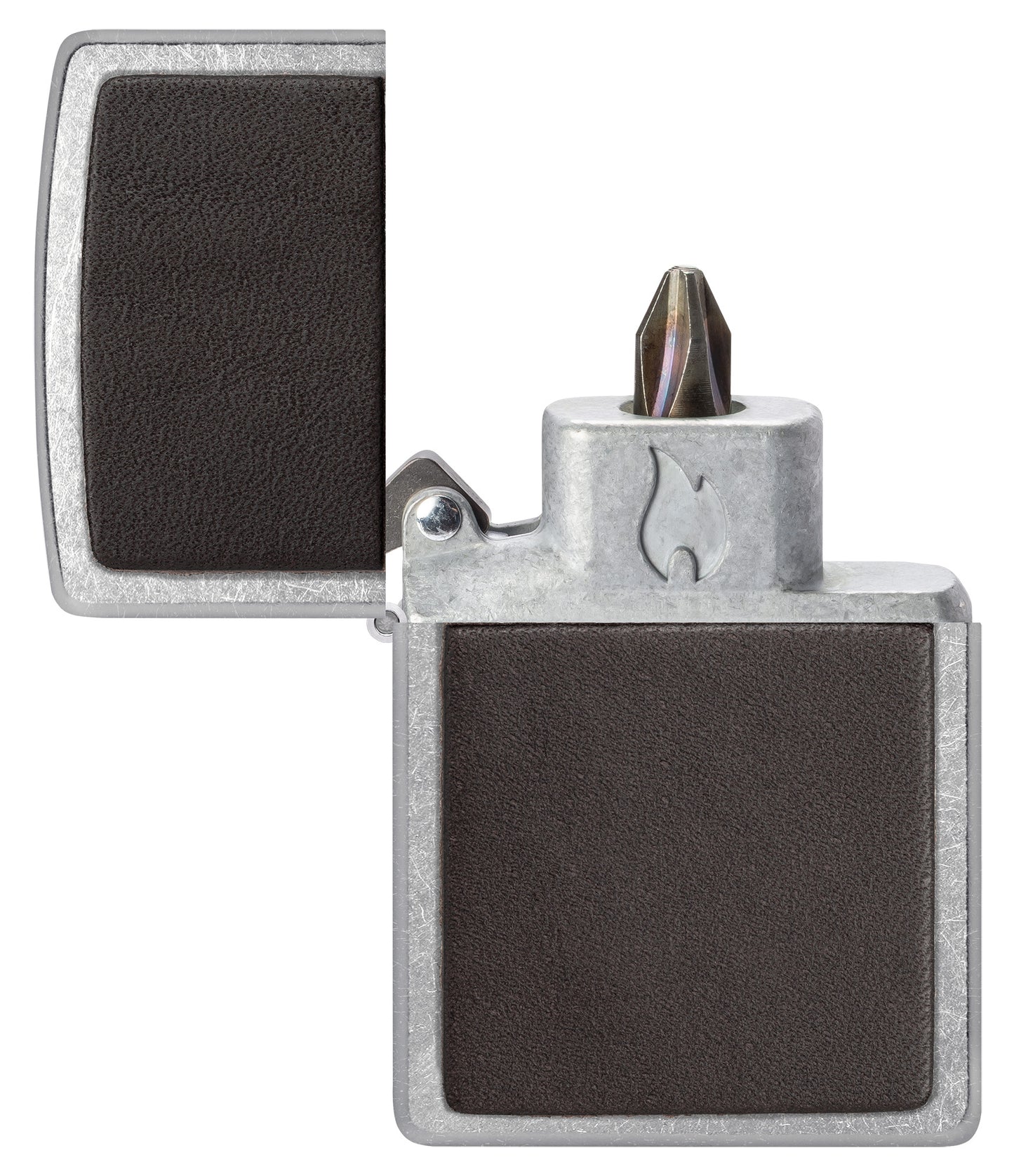 Brown Leather Emblem Design Windproof Lighter with its lid open and showing the Bit Safe Screwdriver USA. 