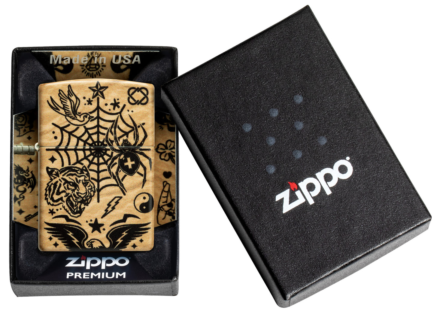 Zippo Flash Tattoo 540 Matte Windproof Lighter in its packaging.