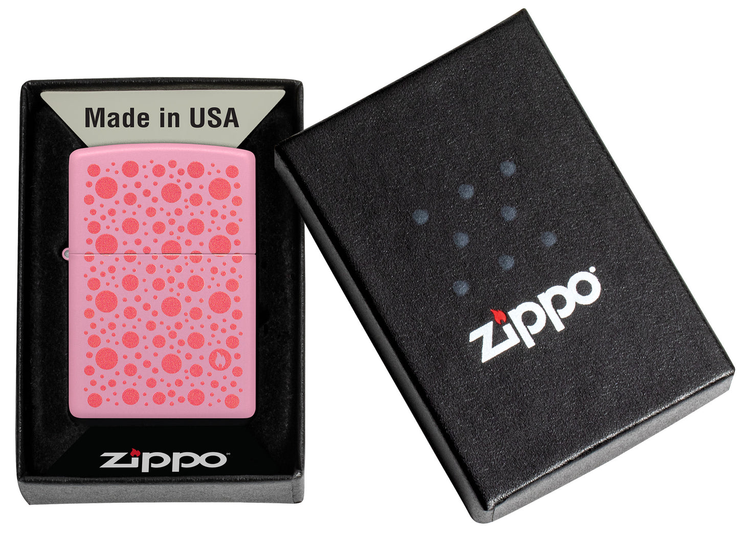 Zippo Polka Dot Design Pink Matte Windproof Lighter in its packaging.