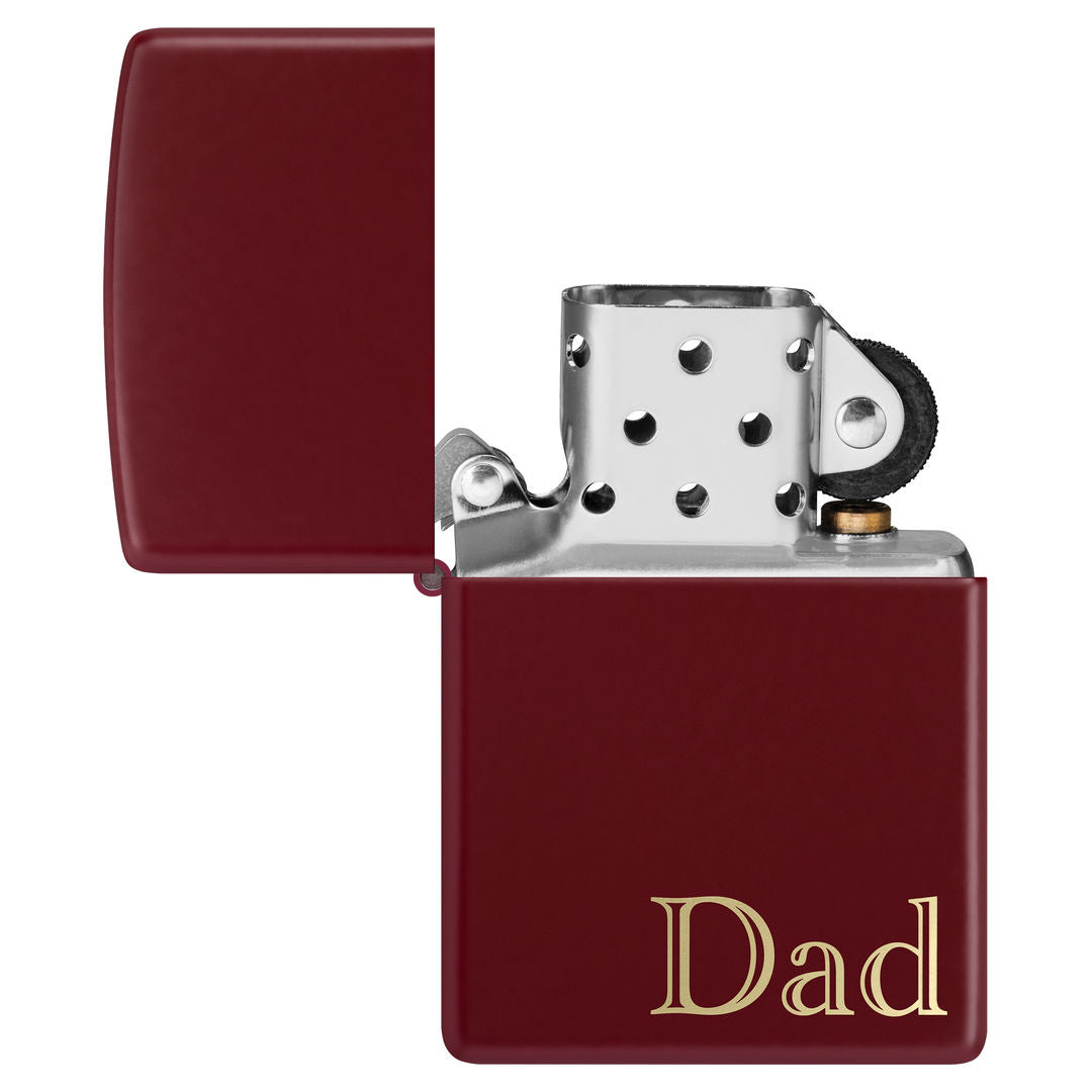 Zippo Dad Design SMS Windproof Pocket Lighter with its lid open and unlit.