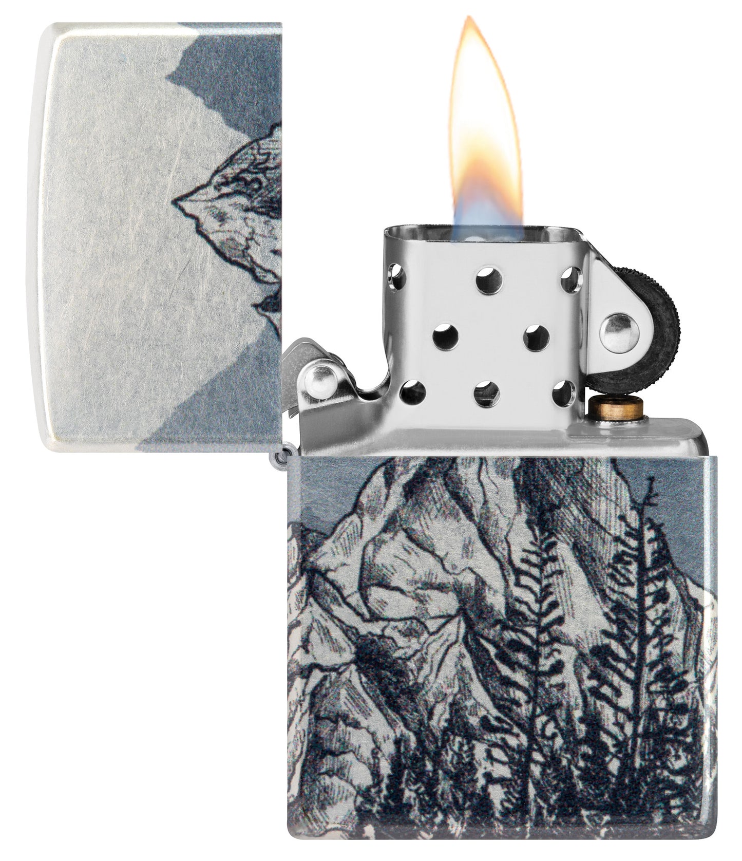 Zippo Mountain Sketch Design 540 Tumbled Chrome Windproof Lighter with its lid open and lit.