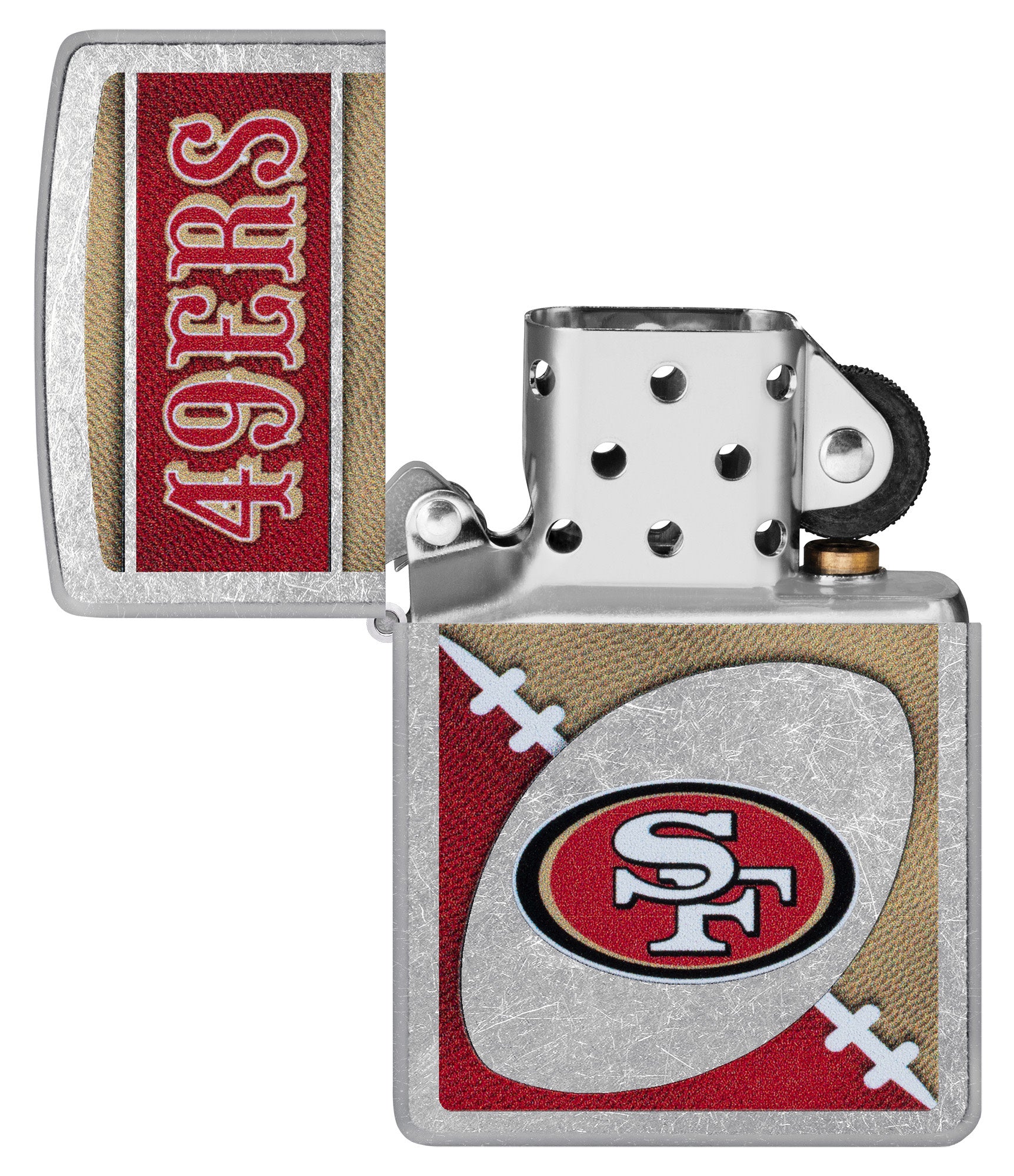 Zippo NFL San Francisco 49ers Street Chrome Windproof Lighter with its lid open and unlit.