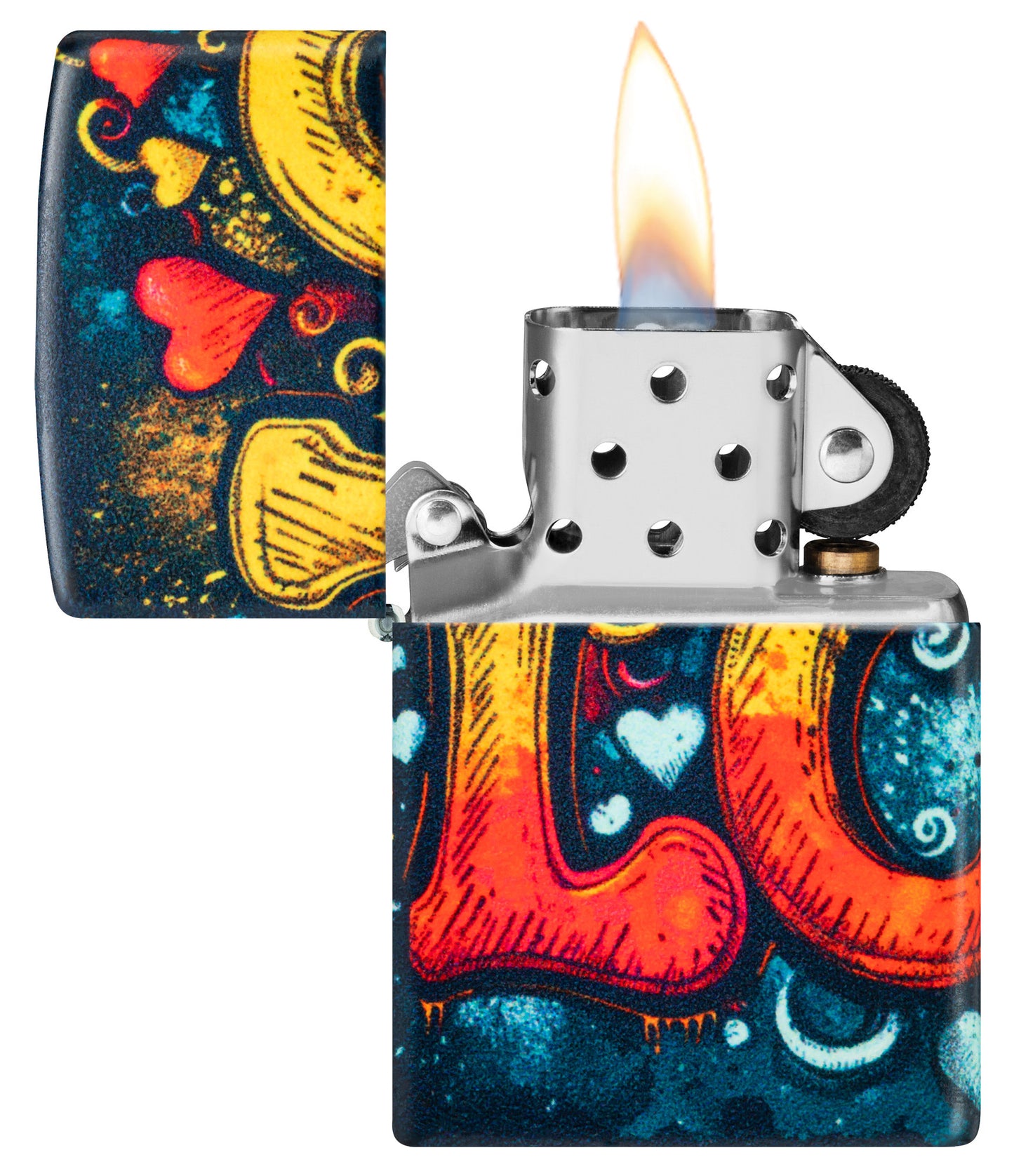 Zippo Love Mural Design 540 Matte Windproof Lighter with its lid open and lit.