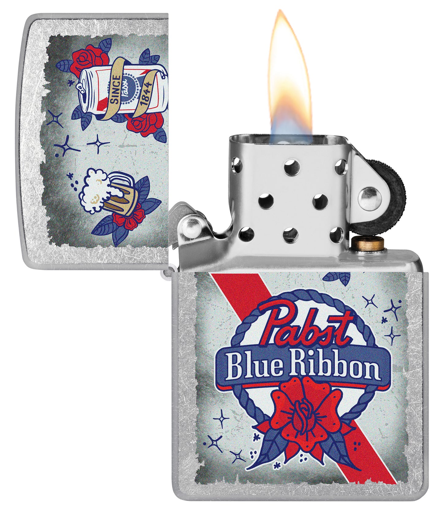 Pabst Blue Ribbon® Artwork Design Street Chrome Windproof Lighter with its lid open and lit.

