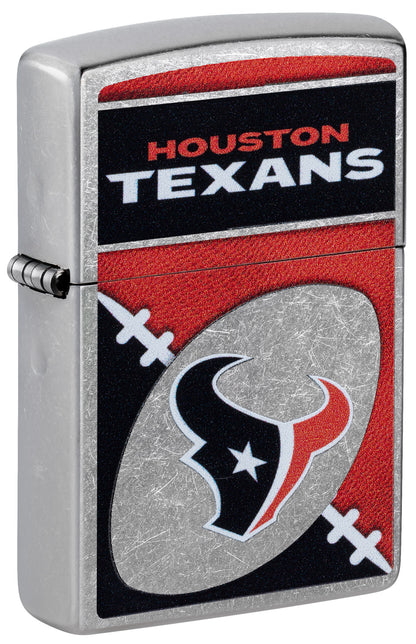 Front shot of Zippo NFL Houston Texans Street Chrome Windproof Lighter standing at a 3/4 angle.