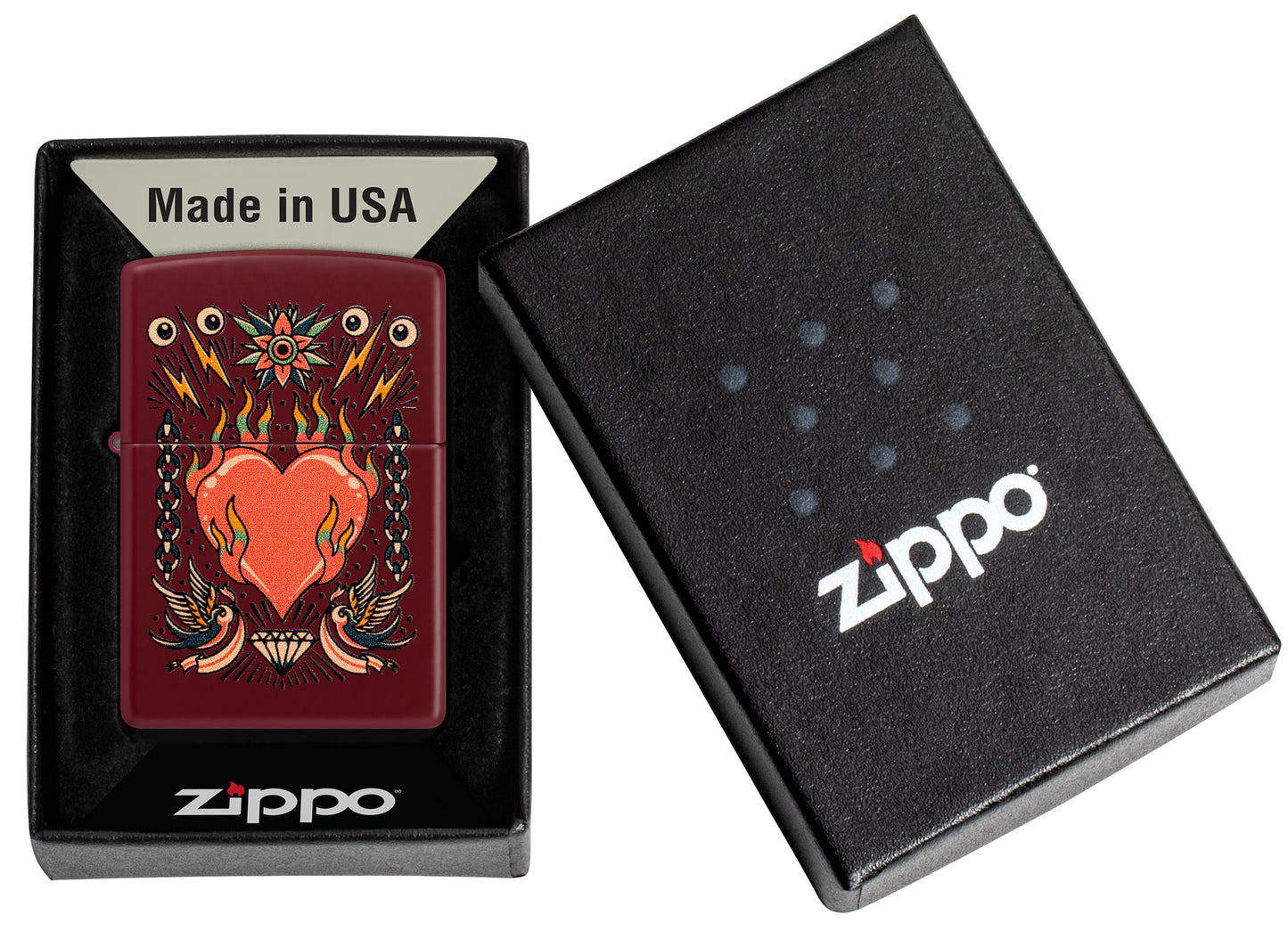 Zippo Tattoo Heart Design Merlot Windproof Lighter in its packaging.