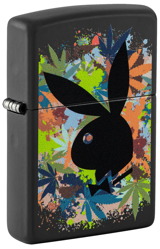 Front shot of Zippo Playboy Rabbit Head Silhouette Black Matte Windproof Lighter standing at a 3/4 angle.