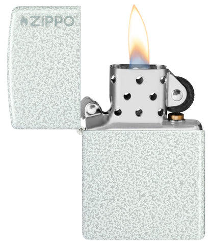 Zippo Classic Glacier Logo Windproof Lighter with its lid open and lit.