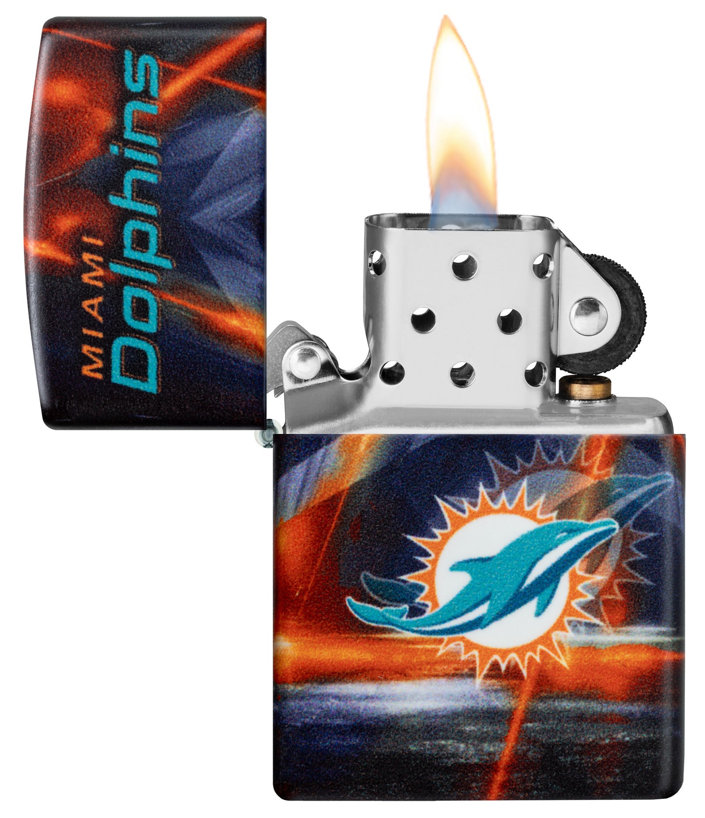 Zippo NFL Miami Dolphins 540 Matte Windproof Lighter with its lid open and lit.