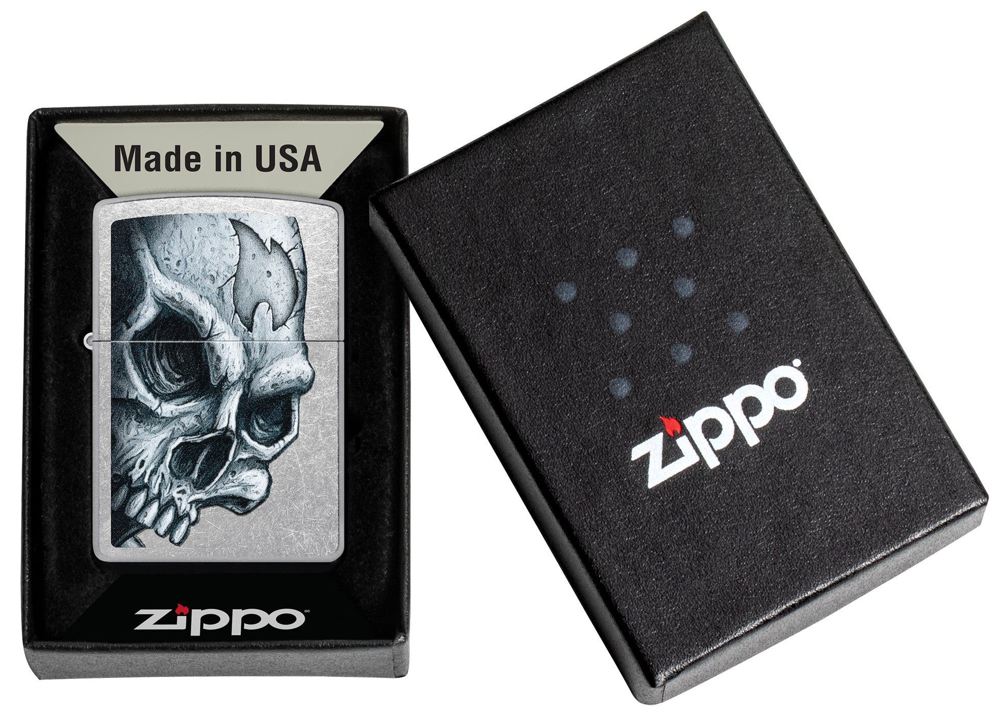 Zippo Skull and Flame Design Street Chrome Windproof Lighter in its packaging.