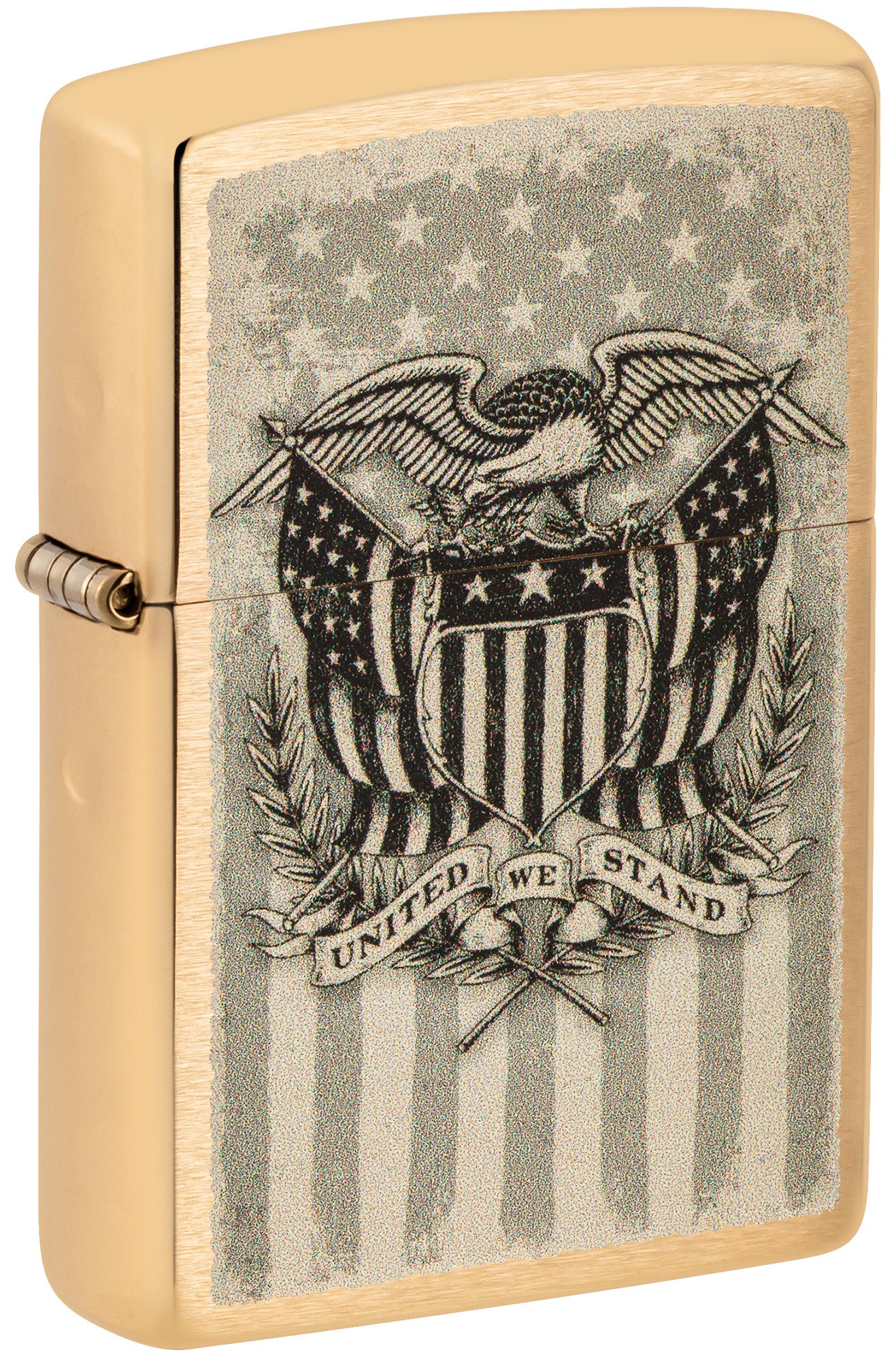 Front shot of Zippo American Crest Design Brass Brushed Windproof Lighter standing at a 3/4 angle.