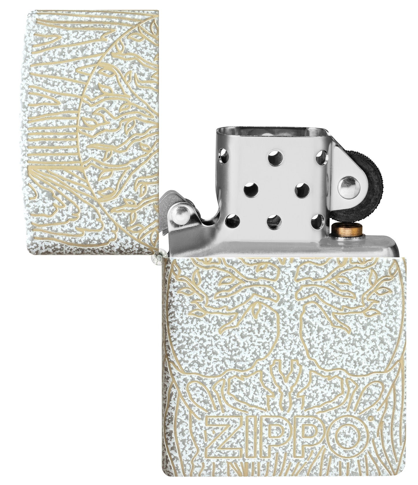 Zippo Tree of Life Woodgrain Design Glacier Windproof Lighter with its lid open and unlit.