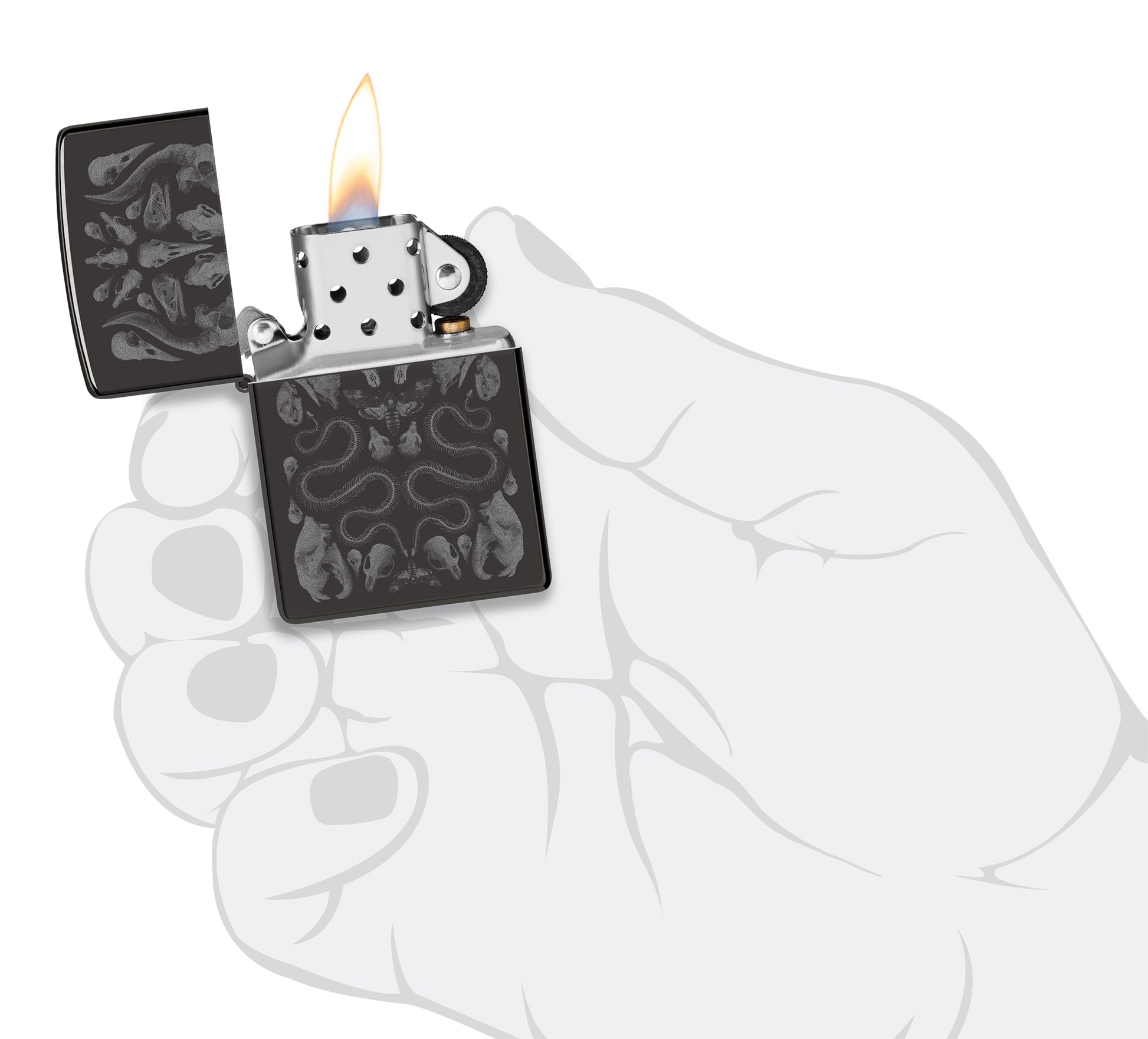 Zippo Bone Mosaic Design Ebony Windproof Lighter lit in hand.