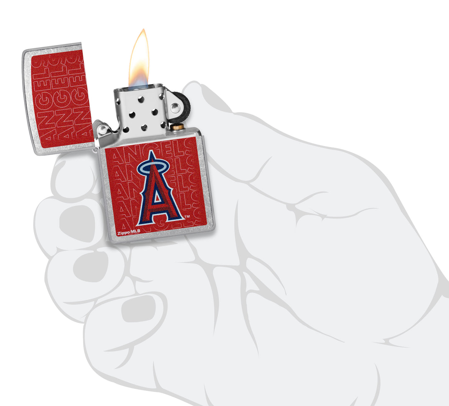 Zippo MLB® Los Angeles Angels Street Chrome Windproof Lighter lit in hand.