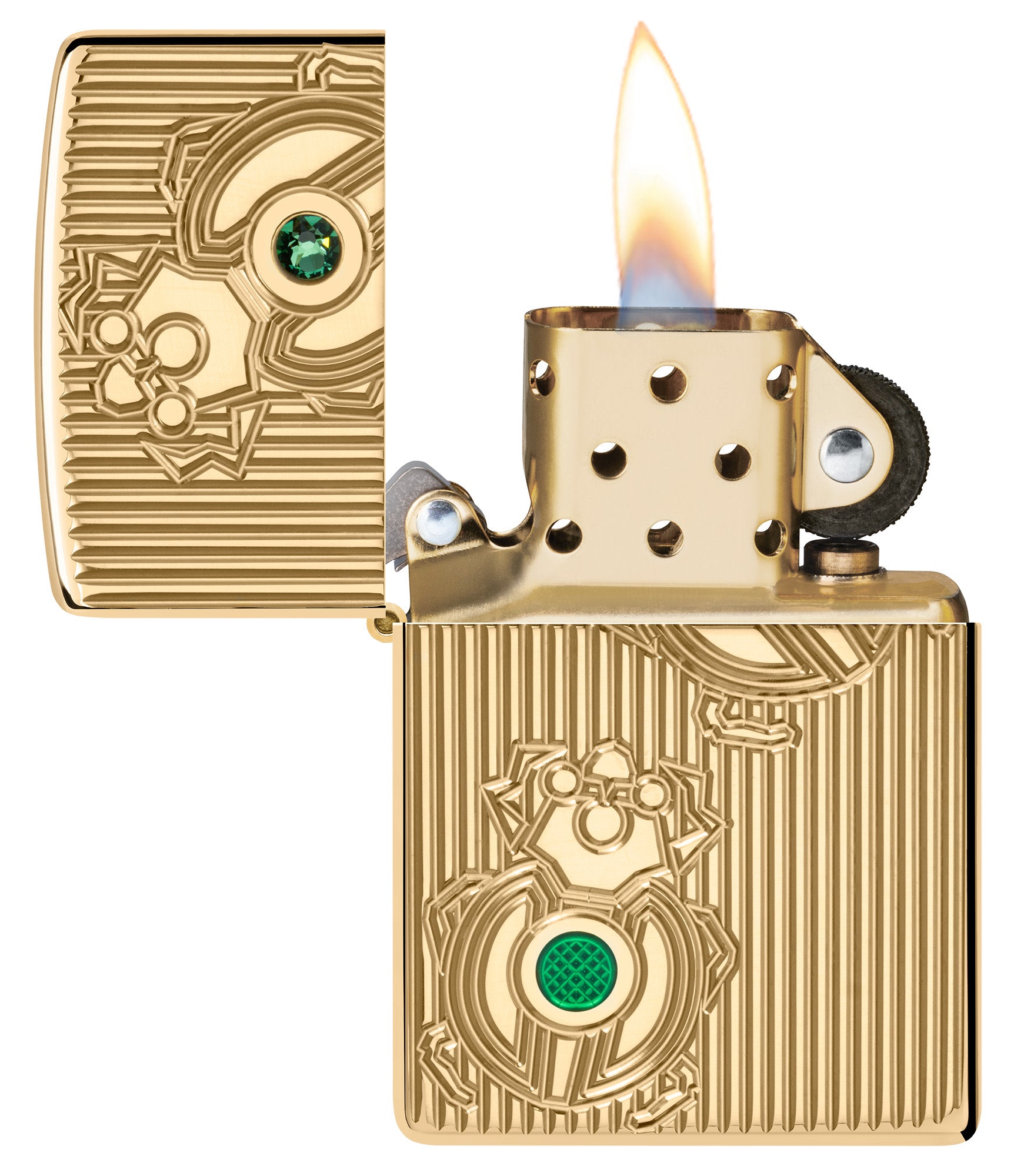 Zippo Bejeweled Beetle Design High Polish Brass Windproof Lighter with its lid open and lit.