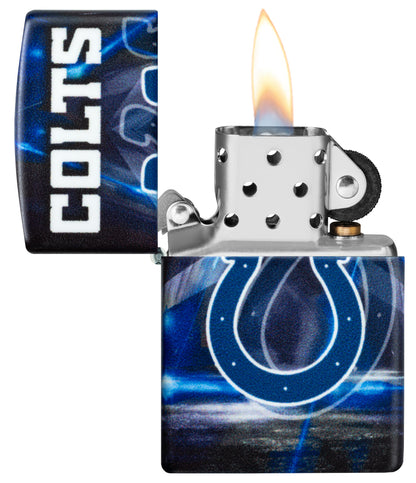 Zippo NFL Indianapolis Colts 540 Matte Windproof Lighter with its lid open and lit.