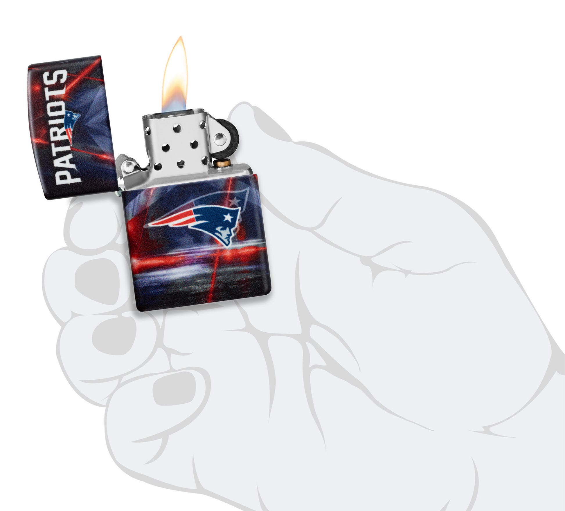 Zippo NFL New England Patriots 540 Matte Windproof Lighter lit in hand.