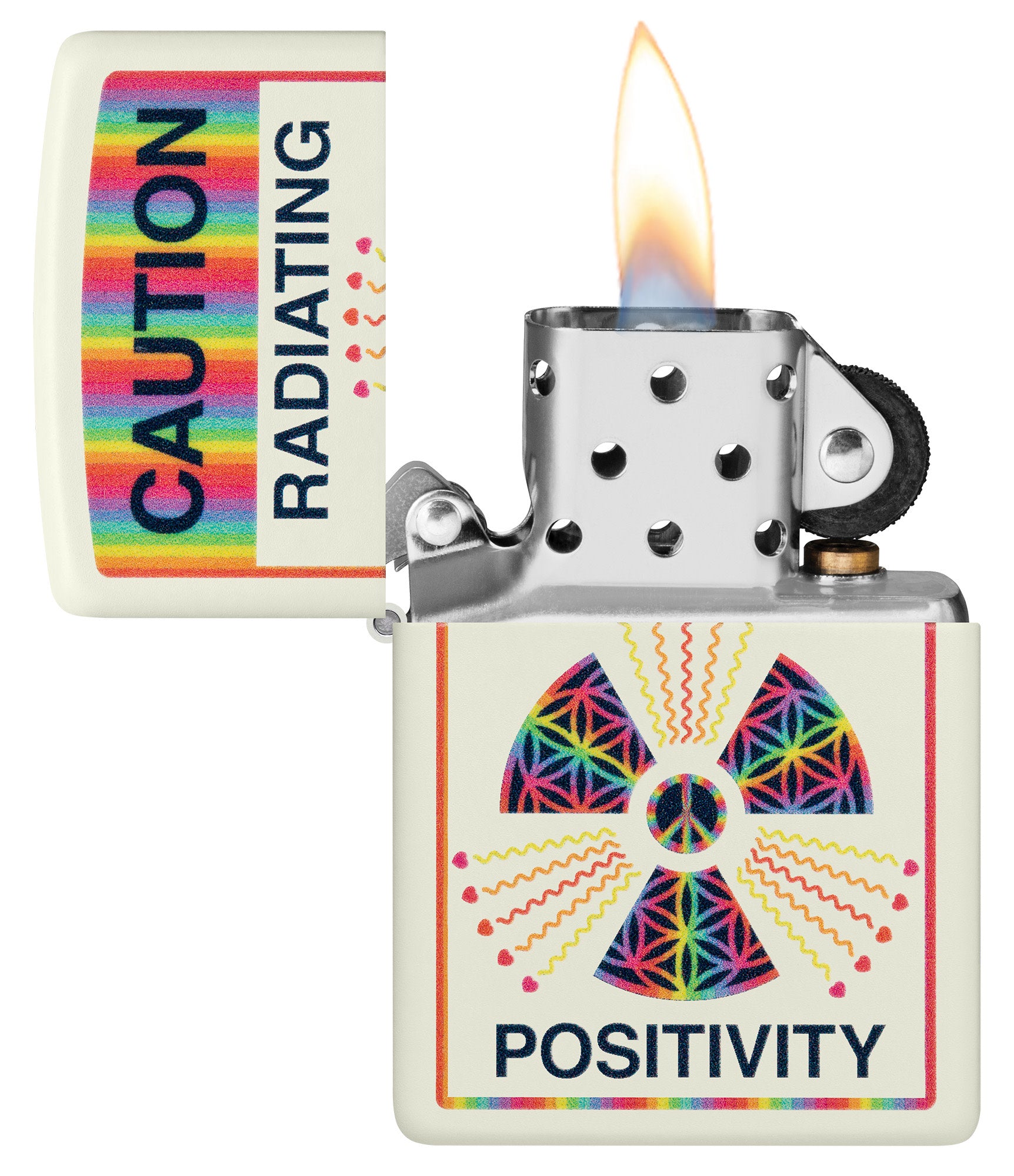 Zippo Glowing Positivity Design Glow in the Dark Windproof Lighter with its lid open and lit.