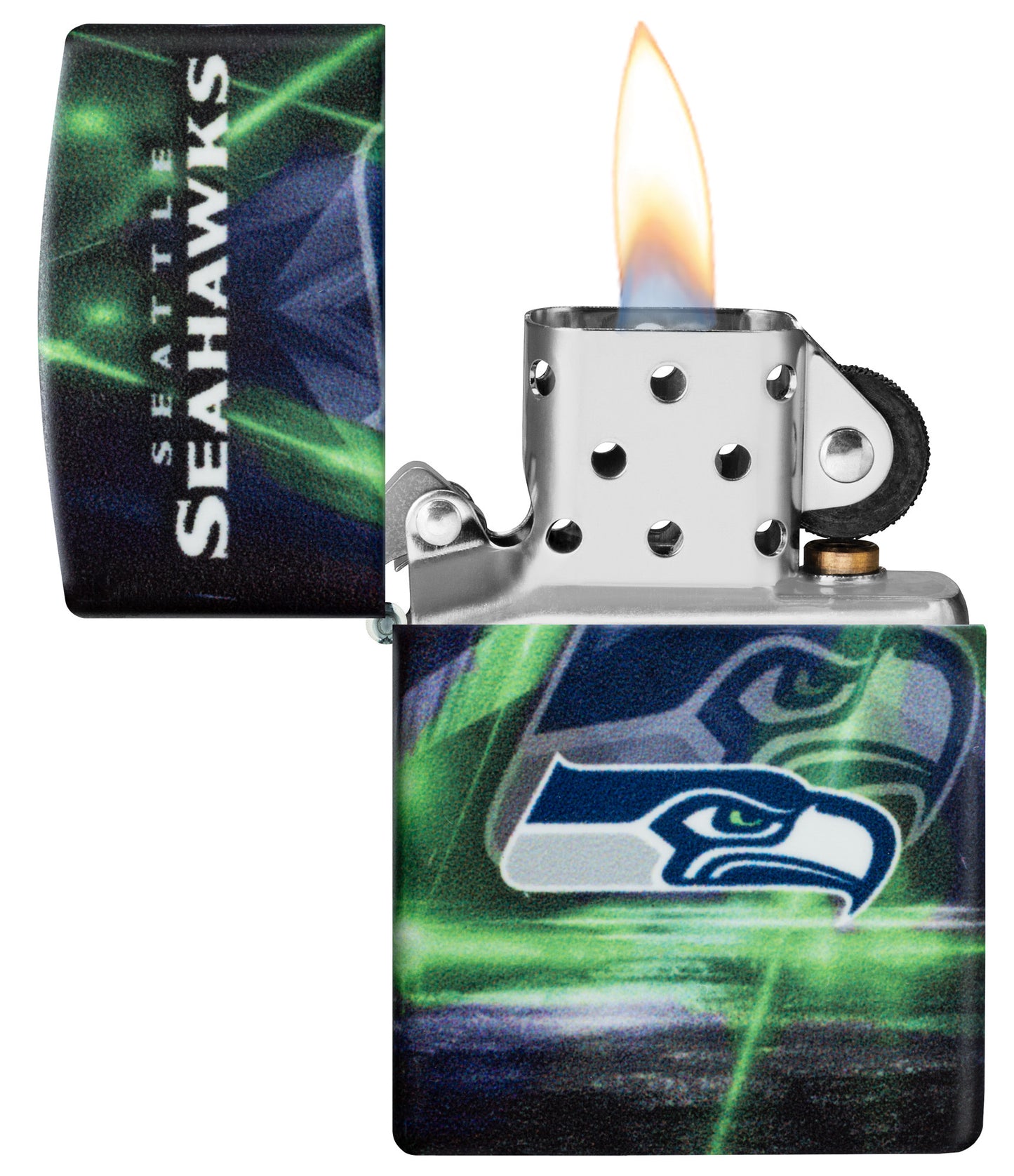 Zippo NFL Seattle Seahawks 540 Matte Windproof Lighter with its lid open and lit.