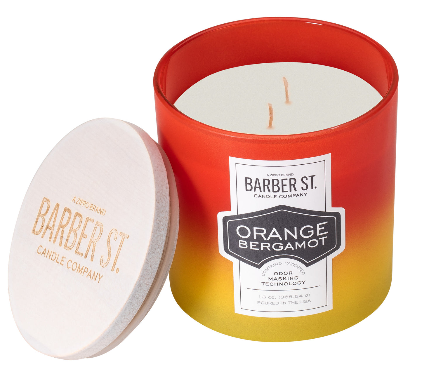 Front shot of Zippo Barber Street Orange Bergamot Odor Masking Candle, with its lid off